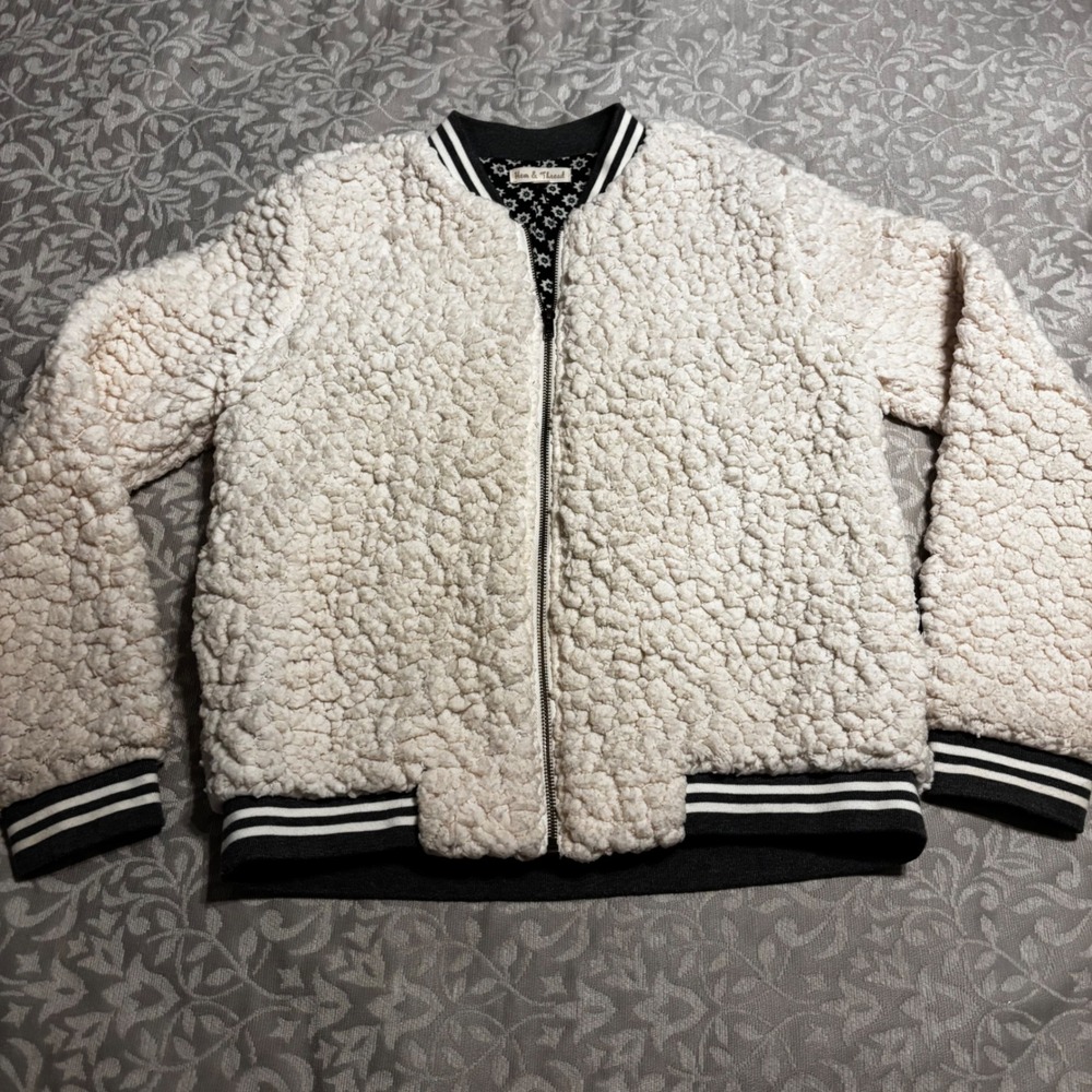 Sherpa Bomber Jacket Cream‎ Floral Women's Large(B27)